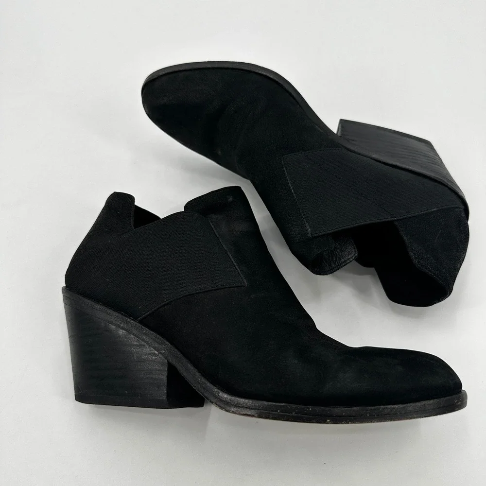 Eileen Fisher Black Suede Wedge Ankle Boots‎ Elastic Gore Almond Toe Booties